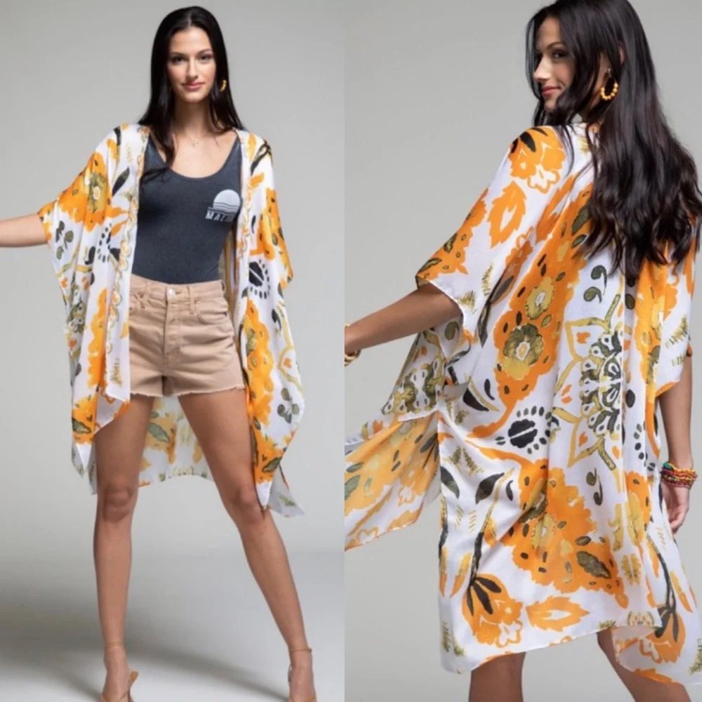Tangerine Bohemian Design And Floral Print Kimono Duster - Picture 1 of 8
